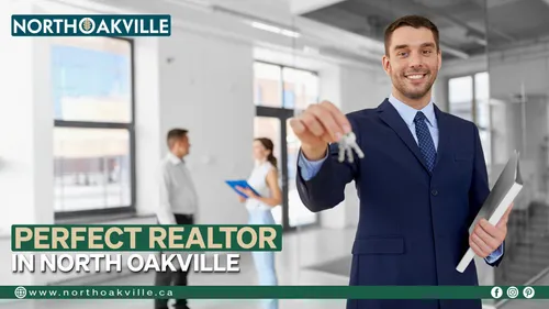 Smiling real estate agent in a suit handing over house keys in a modern office, with the text ‘Perfect Realtor in North Oakville’ and website northoakville.ca displayed.